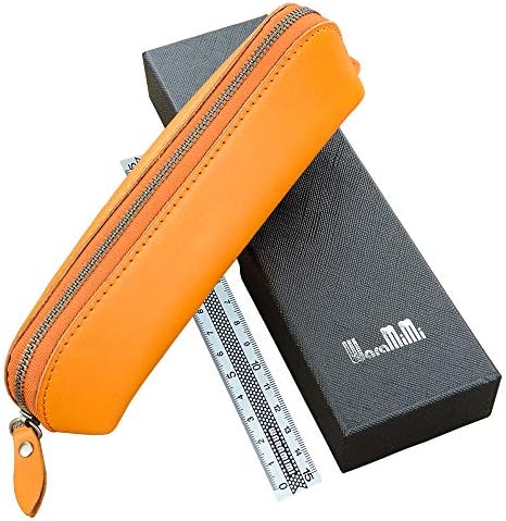 Waramimi 本革ペンケース Ykkチャック使用 革製 筆箱 レディース ペン入れ 高級 革 筆入 メンズ ペン差し おしゃれ ペンポーチ 男女兼用 成人祝いプレゼント 化粧箱付け オレンジ