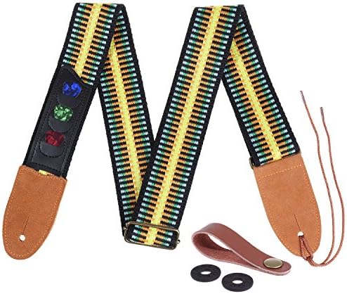 Genuine Leather Ends Guitar Strap with Guitar Pick Holders Wide Cotton Baldric Electric Bass Acoustic Guitar Strap Button Strap Lock