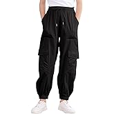 Kimoda Girls Cargo Pants Elastic Waist Casual Jogger Pants for Girls Streetwear Loose Parachute with Pockets 7-14Years