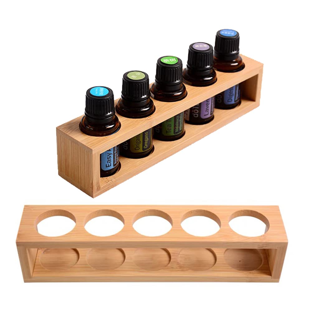 Photo 1 of Sohynca Natural Bamboo Essential Oils Storage Rack fits 15ml Bottles 1 Tier Tabletop Display Stand for Aromatherapy Bottles Storage Shelf fits 15ml 10ml 5ml Bottles (5 Slots * 2pcs)