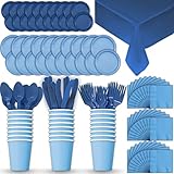 Paper Tableware Set for 24 - Light Blue & Blue - Dinner and Dessert Plates, Cups, Napkins, Cutlery (Spoons, Forks, Knives), and Tablecloths - Full Two-Tone Party Supplies Pack
