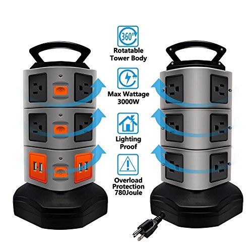 Surge Protector Power Strip, Lovin Product Safety Universal Electric Charging Station; with 10 Outlets 4 USB/Rotating Tower/ 6 feet Cord Wire Extension Power Strip Tower (10 Outlets 4 USB)