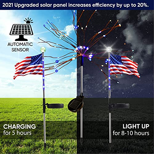 ONM Outdoor Solar Light-3 Pack Solar Garden Lights with 2 Solar Powered American Flag Lights and 1 Solar Firework Light Waterproof-Multi Color-Bigger Solar Panel for Pathway Party Patriotic Decoration