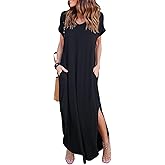 HUSKARY Women's Summer Maxi Dress Casual Loose Pockets Long Dress Short Sleeve Split Maxi Dresses