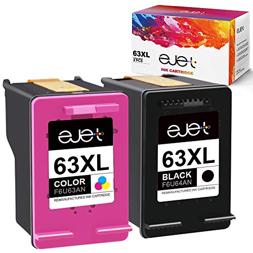 ejet Remanufactured Ink Cartridge Replacement for HP 63XL 63 XL to use with OfficeJet 3830 Envy 4520 4512 Officejet 4650 5255 Deskjet 1112 3634 3632 Printer (1 Black, 1 Color)
