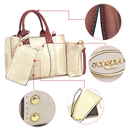 Women Handbag 3 Pieces Set Leather Shoulder Bag Satchel Purse 3 in 1 Simple Design Beige/Coffee