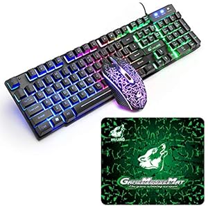 UK-Layout-Keyboard-and-Mouse-Set-104-Keys-Rainbow-Backlit-QWERTY-Keyboard-2400-DPI-4-Buttons-Breathing-Mice-MousePad-USB-Wired-Compatible-with-PC-Windows-Mac-PS4-XBox-Black Gaming Keyboard and Mouse Set, 104 Keys UK Layout QWERTY Rainbow Backlit Keyboard, 2400 DPI 4 Buttons Colorful Mice…