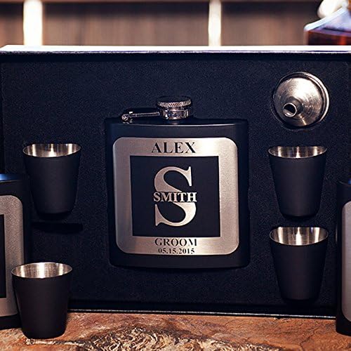 Flask Gift Set, Personalized Groomsman Flask, Monogram, Custom Engraved Gift, Wedding Flask +Funnel +Shot Glasses, Bachelor Party Favor