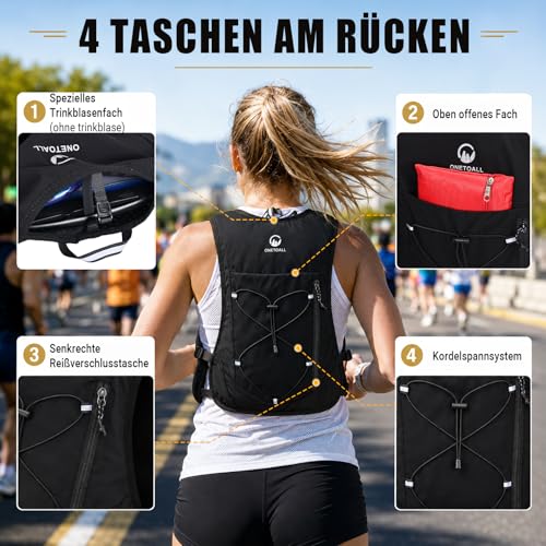 ONETOALL Running Vest for Men and Women with Two 500 ml Water Bottles, Adjustable Running Vest with Running Light for Better Visibility, Breathable Running Backpack, Hydration Backpack for Running