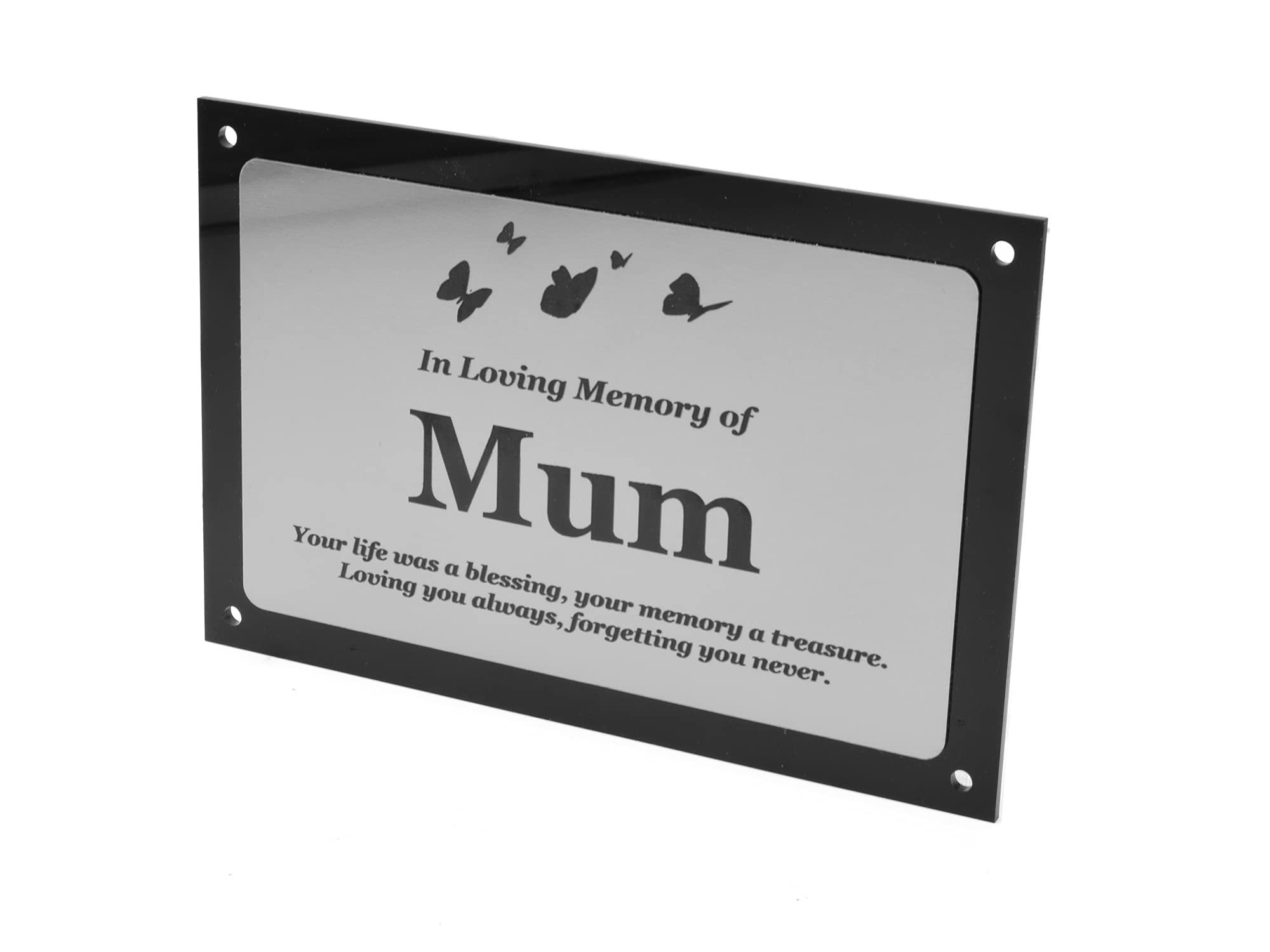 NEW Beautifully Engraved Mum Memorial Plaque with Butterfly Illustration - Indoor and Outdoor Use (Silver)