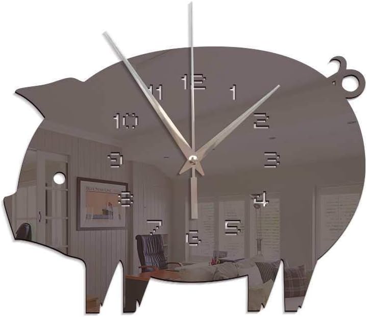 XIUHHE Creative DIY 3d stereoscopic acrylic mirror wall clock, cute animal pig living room kitchen bedroom bedroom decorative clock Black