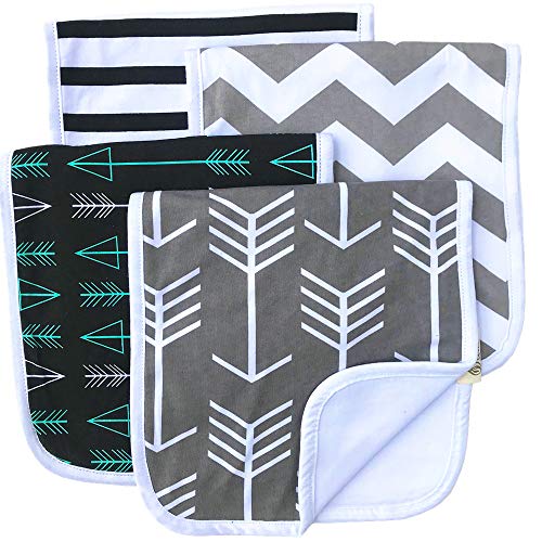 Burp Cloths for Babies, 20” by 10” 3 Layers, Cotton Plus Absorbent Fleece, Grey Wave Black Stripes Arrows Set, 4 Pack
