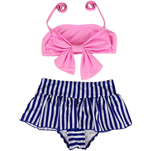 Jastore Baby Girls Big Bowknot Stripe 2 Pieces Swimwear Swimsuits Beach Wear (2T, Pink) - Thumbnail 6