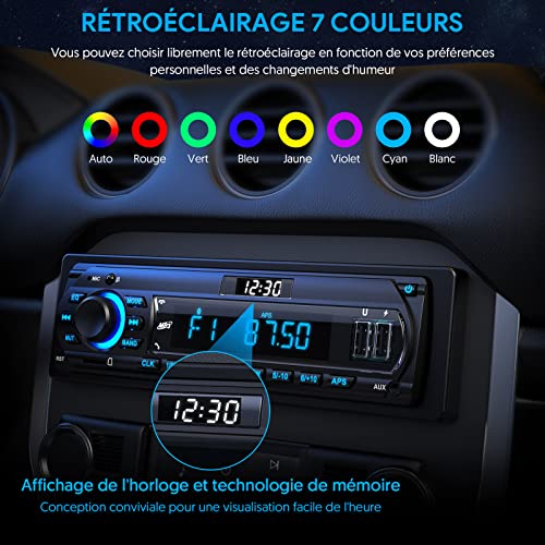 RDS Bluetooth 5.0 Car Radio with LCD Clock Display, 7 Colours Lighting, 4 x 65 W Car Radio 1 Din for 9-24 V Car, Supports Handsfree/FM/AM/2 USB/AUX/SD/TF/MP3