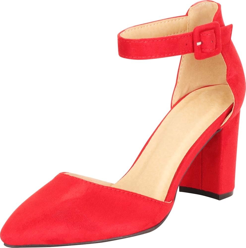 red mid block heel shoes