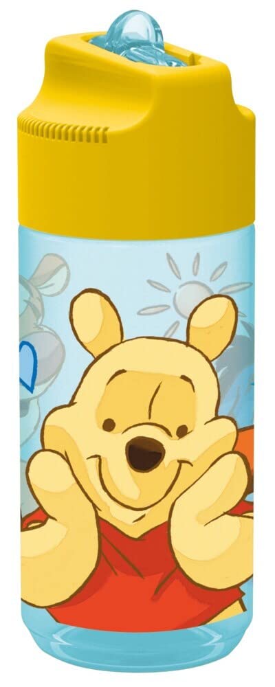 POS 27291 Winnie The Pooh Design Transparent Drinking Bottle with Flip Up Straw, BPA-, Capacity 15 oz, Ideal for Nursery, School, Sports and Leisure, Colourful