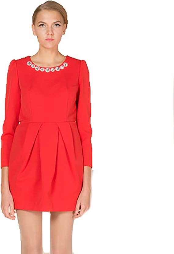 Amazon シック Chic レディース ビジュー付 エレガントなワンピース おでかけや女子会 デートに ミニドレス およばれ パーティー かわいい おしゃれ 上品 綺麗 きれいめ エレガント フェミニン ガーリー デザイン レッド ソリッドカラー ミニ丈 赤 長袖 限定