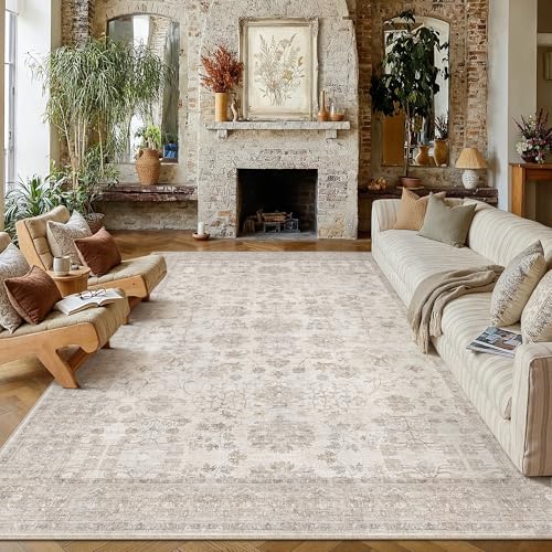 PureCozy 8x10 Beige Rug for Living Room Washable Vintage Bedroom Soft Rug | Indoor Rug,for Dining Room/Nursery/Office,Large,Non-Slip,Pets Friendly,Foldable,Tapis salon,0.24inchs Thick,100% polyester
