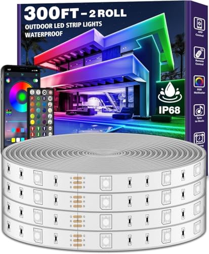LETIANPAI 300ft/90m Outdoor LED Strip Lights Waterproof with self-Adhesive Back,IP68 Outside Led Lights Strips Waterproof with Bluetooth App Remote,Music Sync RGB Exterior Led Rope Lights for