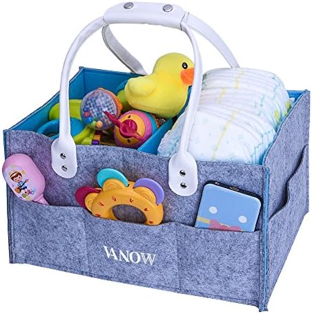 Baby Diaper Caddy Organizer, Nursery Storage Bin and Car Carrier Basket for Outdoor Travel, Design Size 13.5" x 9.5" x 7" (Grey / Blue)