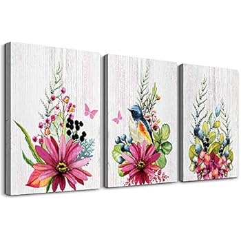 Flowers and birds 3 Pieces abstract Canvas Wall Art for living room Wall Decor for bedroom kitchen decorations Wood grain posters Canvas Prints artwork Modern framed bathroom Home decoration