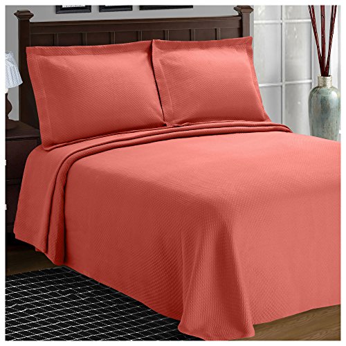 Superior Diamond Solitaire Jacquard MatelassÃ© 100% Premium Cotton Bedspread with Matching Shams, King, Coral