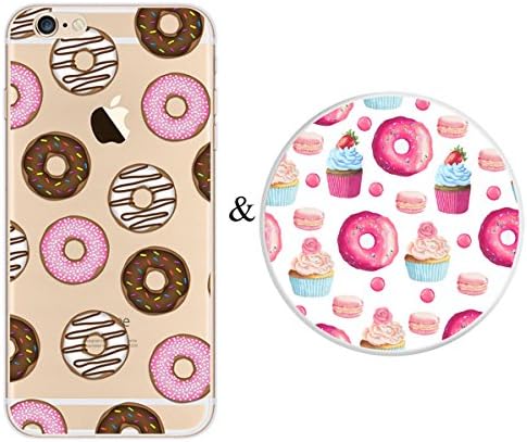 iPhone 8 Plus Case and Expanding Stand Set,Karri CC Donuts Floral Prints Clear Flexible Soft TPU Cover and Multifunction Grip Pop Mount Socket for iPhone 8 Plus