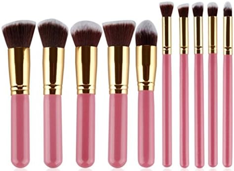 KiraShan - New Kabuki Makeup Brush Set 10pcs - Premium Synthetic Brushes for Cosmetic Foundation Blush Blending Face Powder (Pink, Gold)