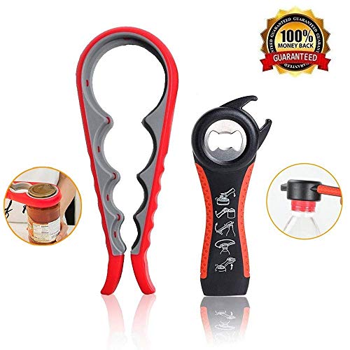 Bottle Can and Jar Grip Opener 2 Pack, 5-in-1 Multi Kitchen Tools Set and 4-in-1 Jar Grip Opener, Lid Seal Remover Lid Twist Off for Children, Weak Hand and Seniors with Arthritis