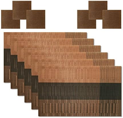 HomeProMart Premium Everyday Placemats; Set of 6; Bonus 6 Coasters; Woven Vinyl Heat Resistant Indoor Outdoor Placemats (Brown034)