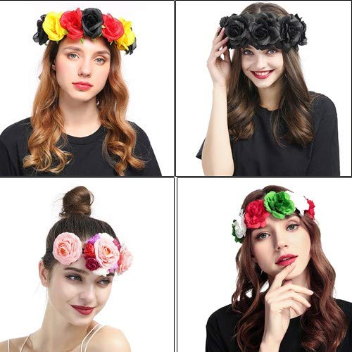 Women Rose Flower Headband Exquisite Flower Crown Adjustable Garland Ribbon Elastic Artificial Flower hair band for Wedding Festival Party Hallowmas Vacation Photography Props (D)