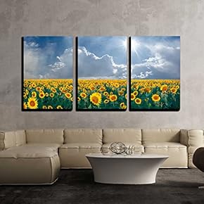 3 Piece Canvas Wall Art - Summer Beautyful Landscape with Big Sunflowers Field and Blue Sky with Clouds - Modern Home Art Stretched and Framed Ready to Hang - 16"x24"x3 Panels