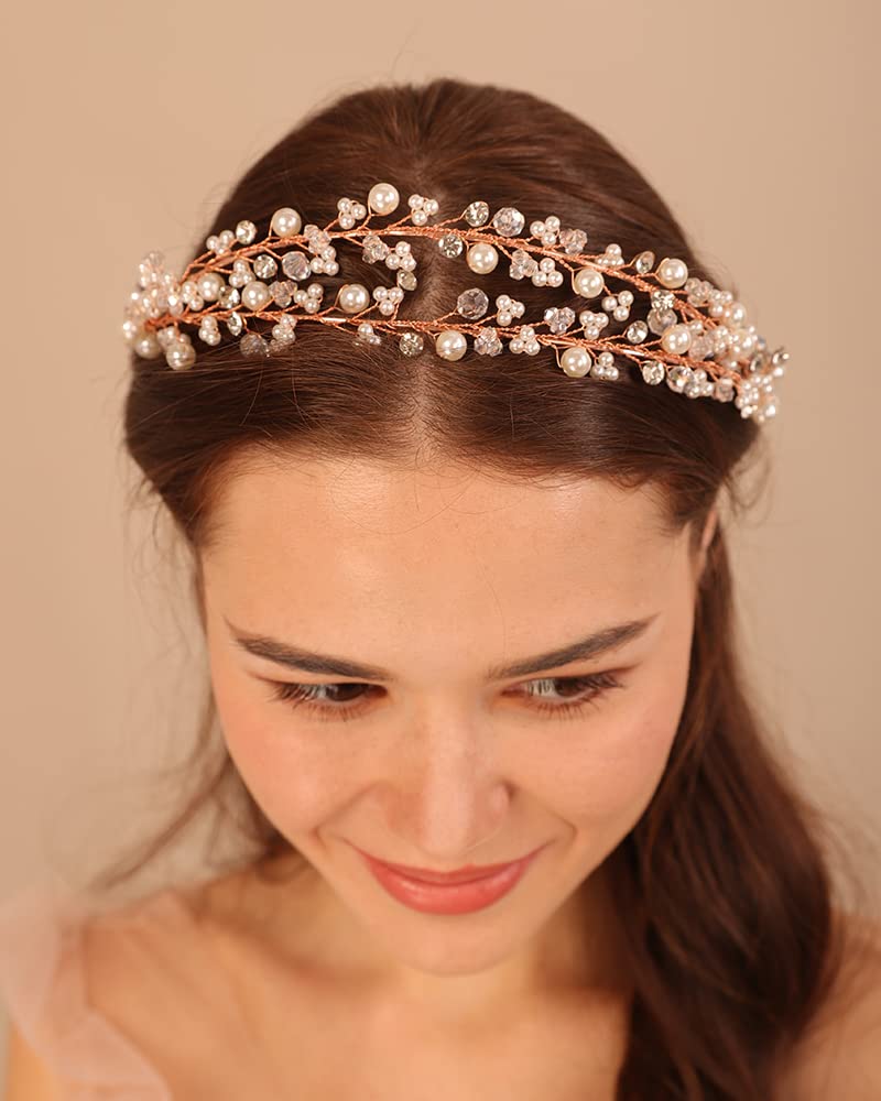 Kercisbeauty Wedding Bridal Pearl and Crystal Hair Tiaras Boho Cute Beaded Princess Crown Banquet Party Special Occasion Handmade Jewelry for Women Girls (Gold)