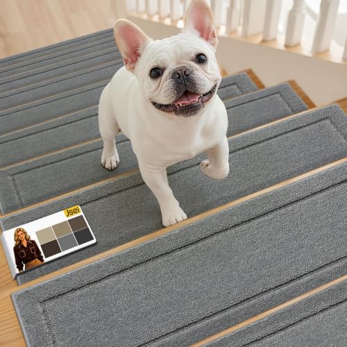 Non-Slip Stair Treads for Wooden Steps Indoor, 15 Pack 8" X 30" Edging Stair Rugs with TPE Backing,0.45" Thick Carpet Stair Treads for Kids Elders & Pets, 100% Polyester Soft Stair Runners, Light Grey | Non-Slip TPE Backing, Washable Stairs Carpet, Soft Polyester, Pet-Friendly for Wooden Steps