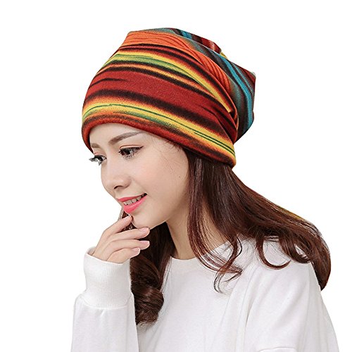 MIS1950s 2-in-1 Multi-Functional Stripe Beanie Hat, Ruffle Scarf, Turban,Head Wrap Capï¼ŒLightweight Fashion Scarves for Women (Orange)