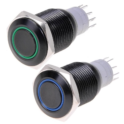 2pcs Angel Eye LED 16mm Hole 12V Black Metal Latching Push Button Switch- Blue and Green