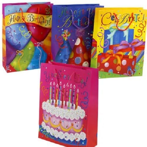 Birthday Gift Bags - Set of 4 - Colorful Gift Bags with Glitter - 12.5"H