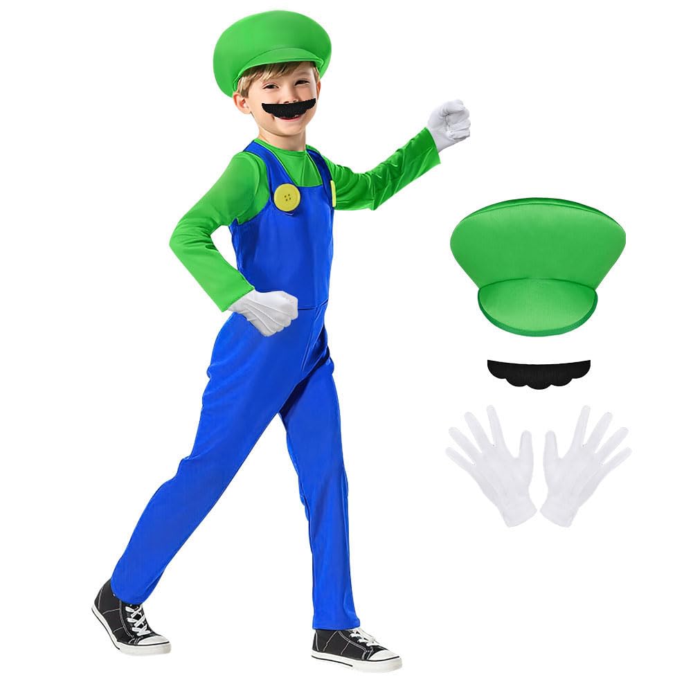 AOOWU Mario Costume Set for Kids - 4PCS With Jumpsuit, Cap, Beard & Gloves, Luigi Bros Plumber Fancy Dress Outfit for Boy Girl Halloween Cosplay Carnival Party (Green, M)