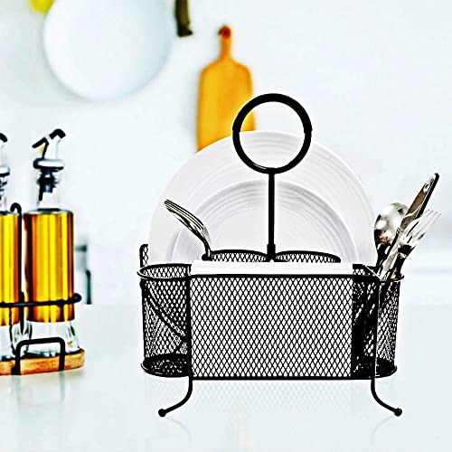 Picnic Plate Napkin Flatware Storage Caddy Organizer Holder, Black