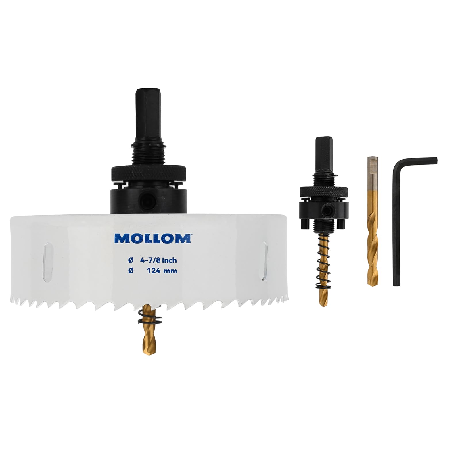 Mollom (124mm | 4-7/8") HSS M42 with 8% cobalt BI-Metal Hole Saw with 2 Pilot Drill Bits & Arbor Smooth Cutting for PVC,Drywall,Wood,Plastic,Gypsum Board,Rubber — image 1