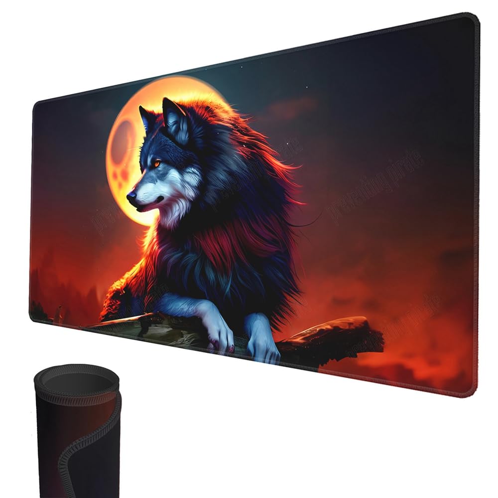 smatcamp MTG Playmat, 24" x 14" TCG Mats Stitched Edges Smooth Rubber Surface Battle Board Game Play Mat Horror Theme for Halloween(Wolf)