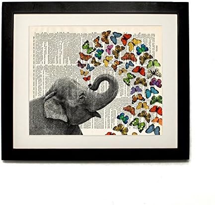 FRAMED Elephant Art and Butterflies Upcycled Vintage Dictionary Art Print 8"x10" Print with Matted 10"X12" Frame Included