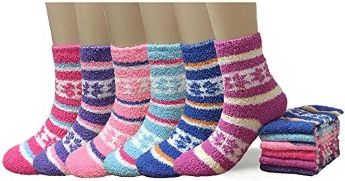 New 6 Pairs Women's Multi Color Soft Cozy Fuzzy Slipper Warm Socks Size 9-11 (Snowflake)