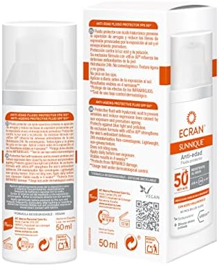 Sunnique - Fluido Facial Solar Anti-edad FPS 50+, con Ácido Hialurónico, Protección Muy Alta UVB + UVA e IR-A, Anti Arrugas y Anti Manchas, Fórmula con VitEox 80, Para Cara y Escote - 50 ml