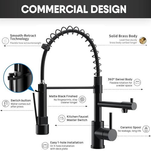 GIFTQOOL Spring Kitchen Faucet with Pull Down Sprayer, Dual Function Pot Filler Faucet, High Arc Commercial Kitchen Sink Faucet, Matte Black, Single Handle, 1 Hole Installation