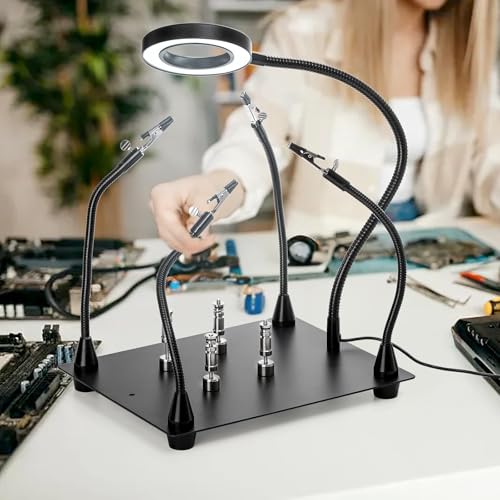 PFUTURE Helping Hands Soldering Station with 6X LED Magnifier – Third Hand Tool with 4 Magnetic PCB Holders, Flexible Arms, Non-Slip Weighted Base for Electronics Repair, Crafts, Jewelry, DIY