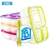 Bento Lunch Box 3 Compartment Food Containers – Set of 4 Storage Meal prep Container Boxes– Ideal for Adults, Toddler, Kids, Girls, and Boys – Free 2-in-1 Fork/Spoon &amp; Puzzle Sandwich Cutter