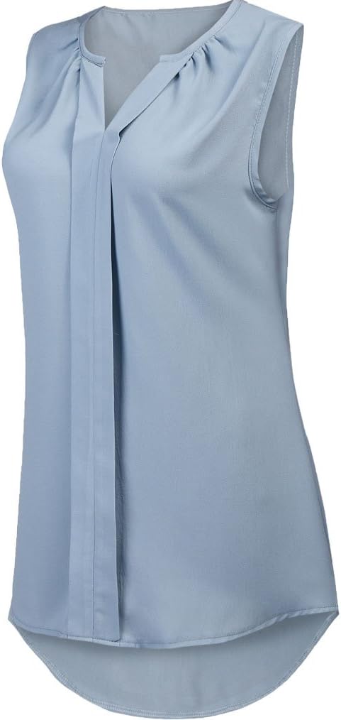 POETSKY Women Summer Chiffon Pleated Blouses Shirt Sleeveless V Neck Tank Top