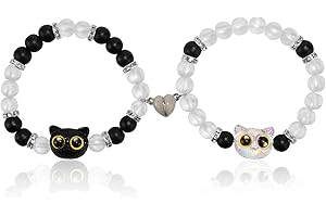GAUEIOUR 2pcs Cat Matching Bracelets, Acrylic Cartoon Cat Noctilucent Heart Matching Couple Friendship Bracelets, Black and W
