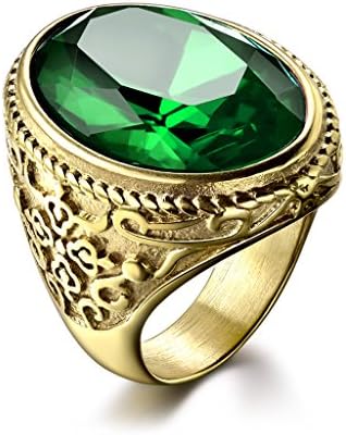 MASOP Luxury Jewelry Oval Green Stone Stainless Steel Men's Rings Simulated Emerald Size 8-12